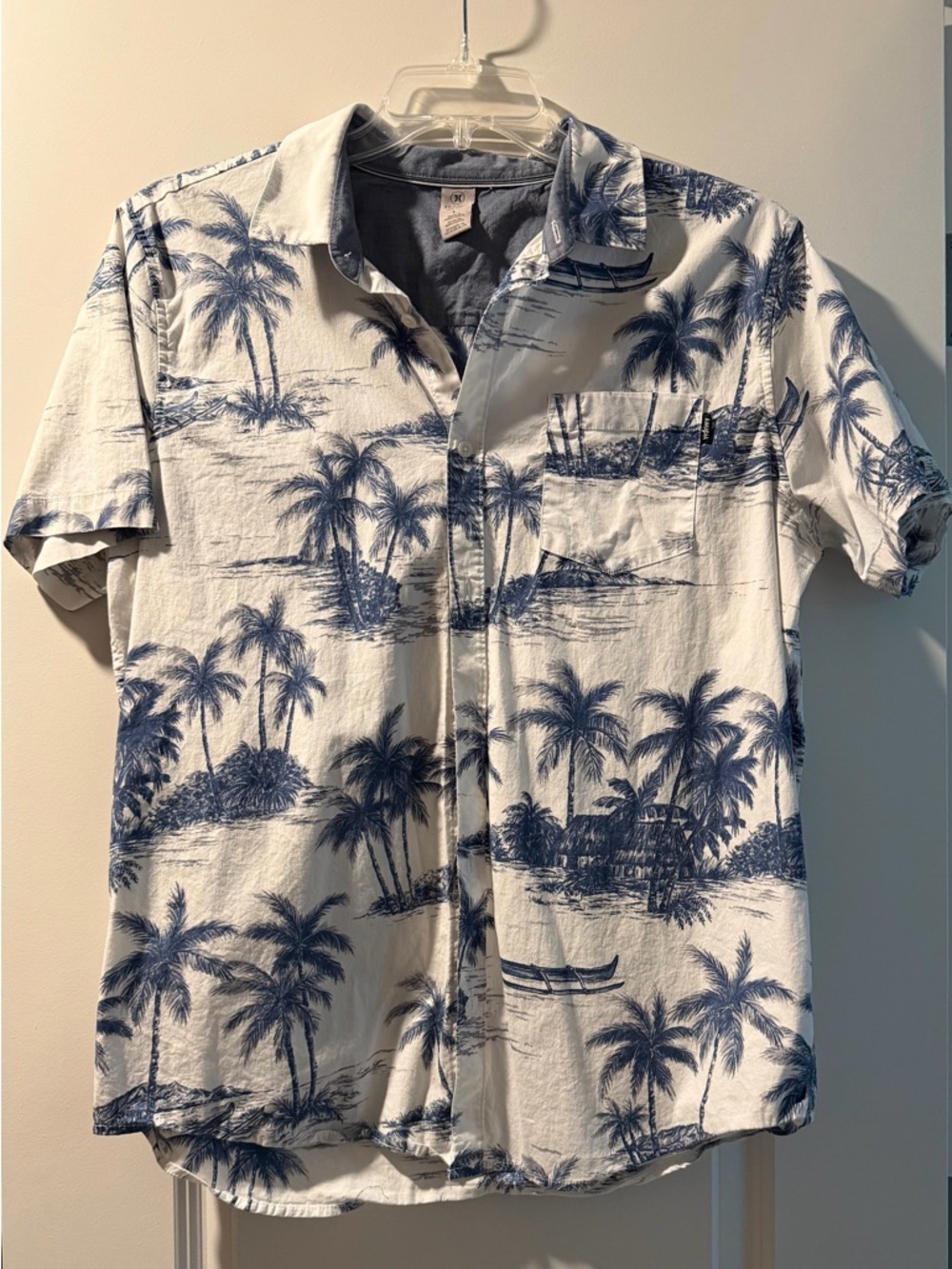 Men's Short-Sleeve Tropical Print Shirt - Blue on White
